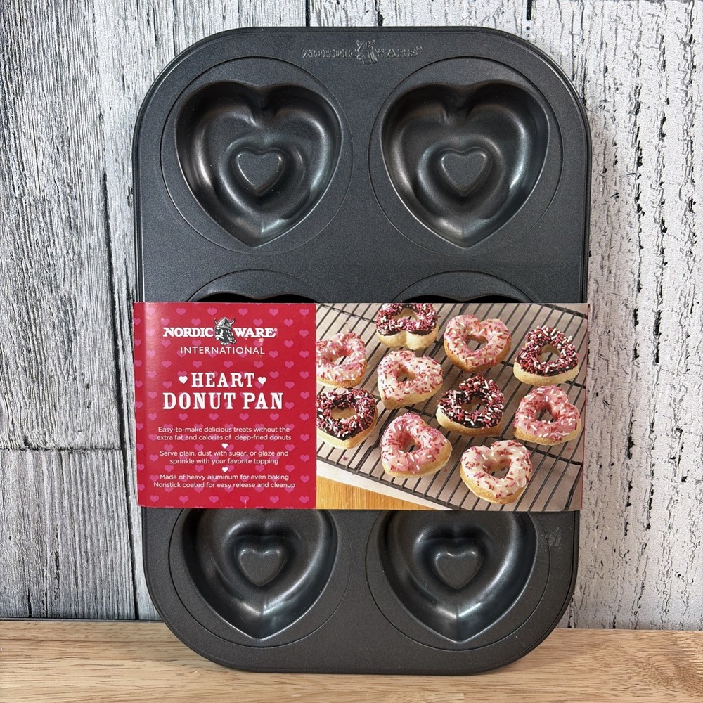 Nordic Ware 6-Cavity Nonstick Steel Heart Shaped Donut Baking Pan Valentines Day